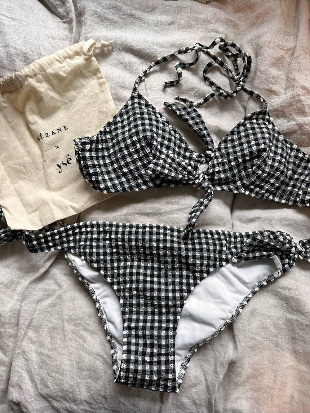 Sezane YSE Women’s Black & White Gingham Tie Bikini Top and Bottom. Size 34 - Picture 2 of 8